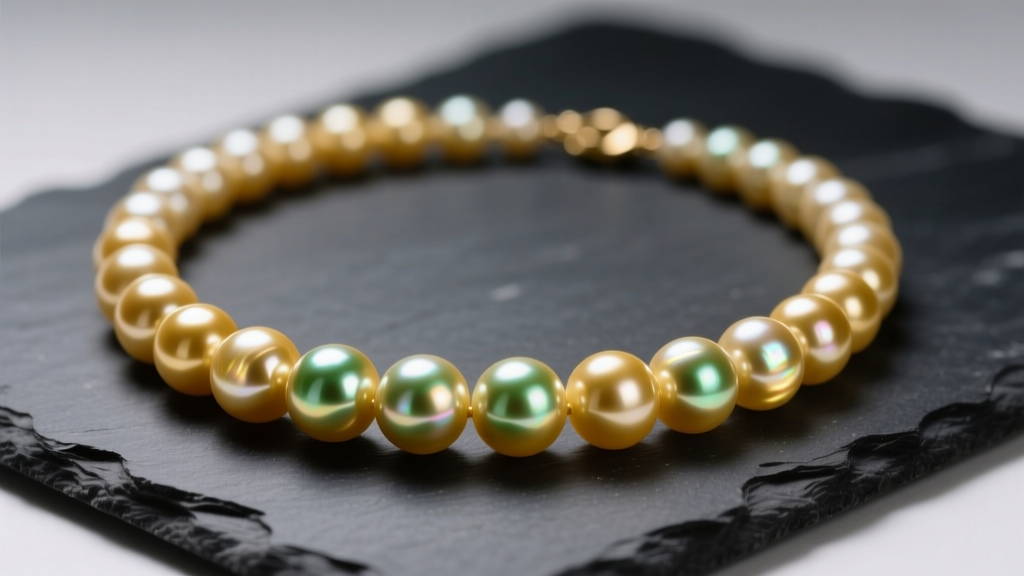 South Sea golden pearl necklace on dark slate, showing deep gold nacre and green overtones under soft, diffused studio lighting.