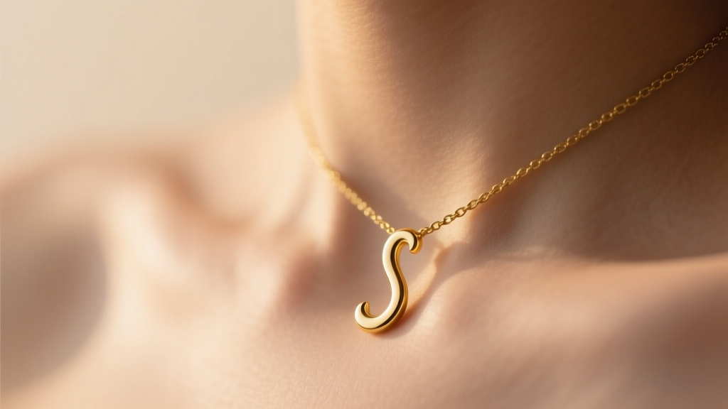 Close-up of a 14k solid gold semicolon pendant resting on a collarbone, soft warm lighting, symbolizing mental health awareness.