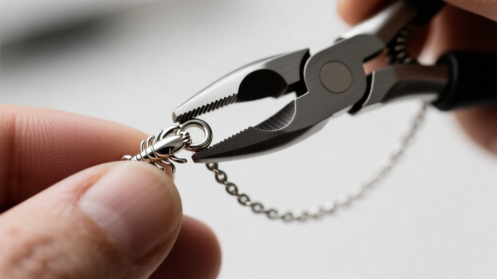 Extreme close-up of a jeweler using flat-nose pliers to securely close a sterling silver lobster clasp on a delicate cable chain