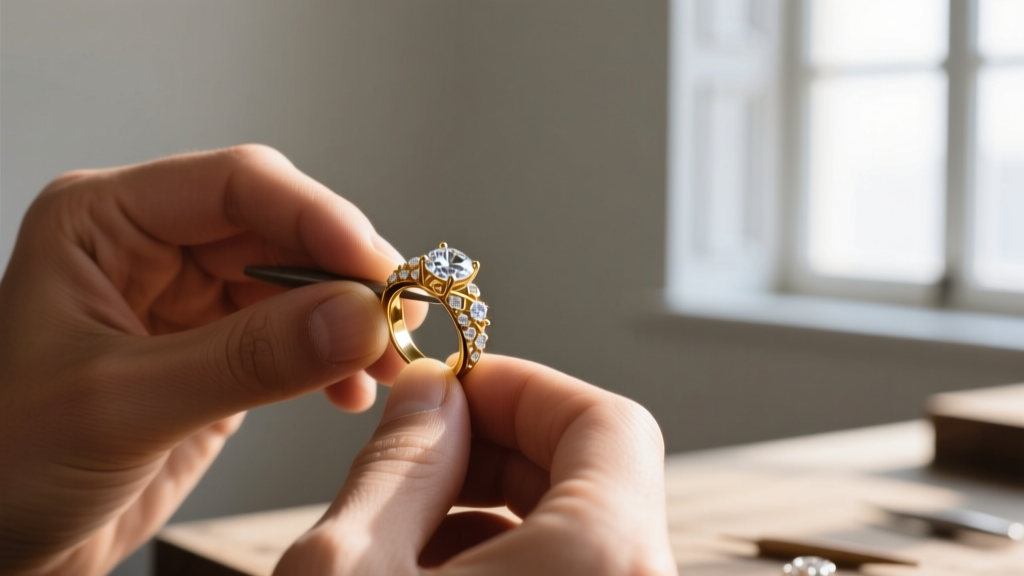 Jeweler's hands using precision flush cutters to snip a small jump ring on a delicate silver paperclip chain bracelet, macro lens