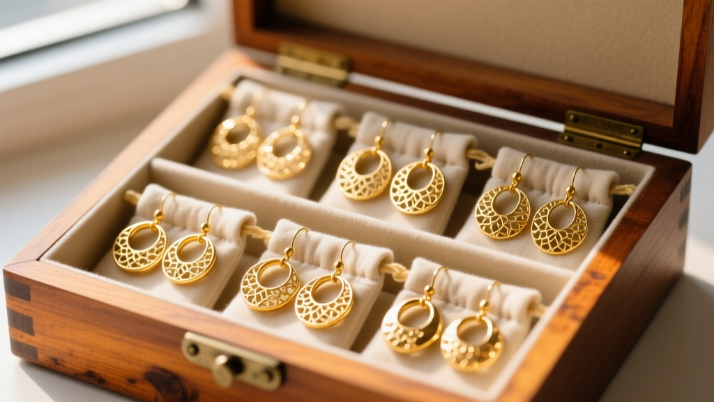 Gold filigree hoop earrings individually stored in soft anti-tarnish flannel pouches inside a multi-tiered wooden jewelry box