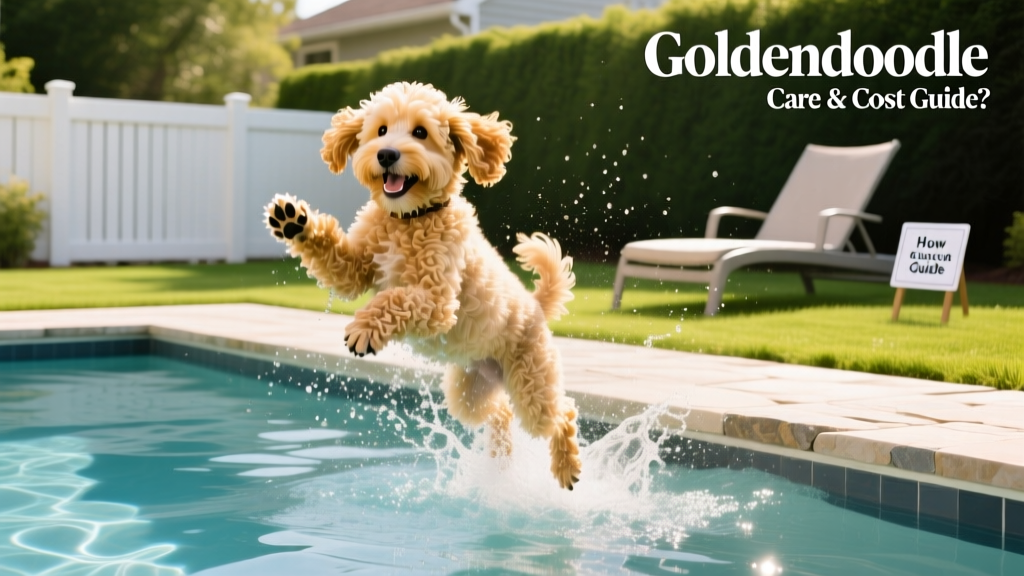 A playful mini Goldendoodle splashing happily in a backyard pool on a sunny day.