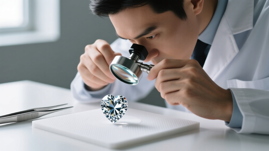 Jeweler using a loupe to inspect the cleft of a loose heart shaped diamond on a white grading mat with steel tweezers nearby