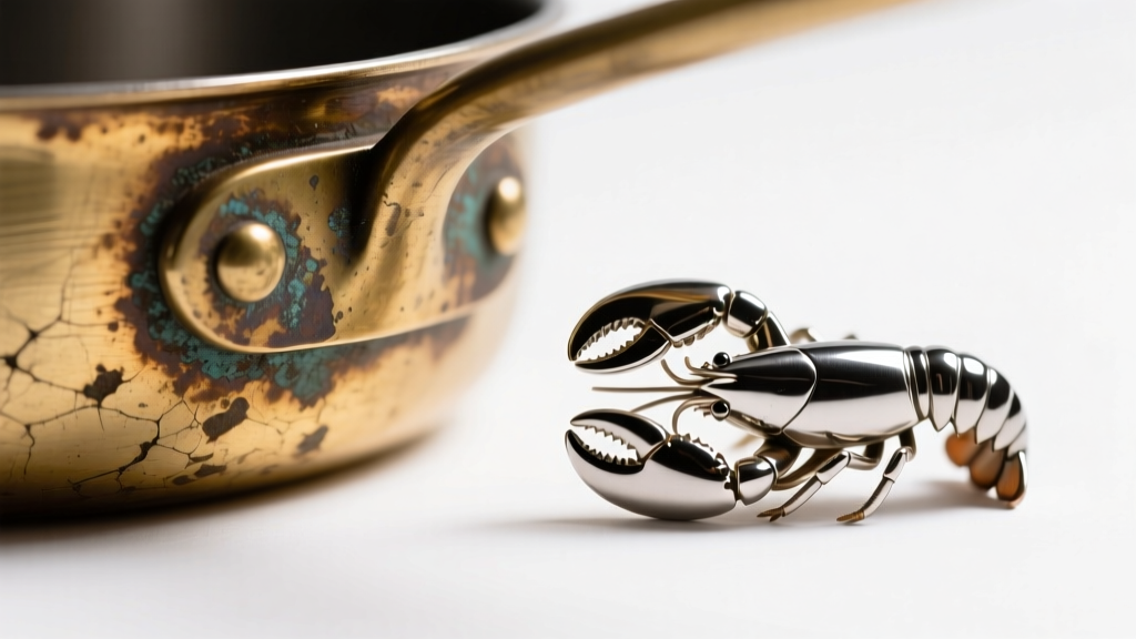 Macro shot comparing a tarnished vintage pot metal clasp with a polished titanium lobster clasp under bright studio lighting
