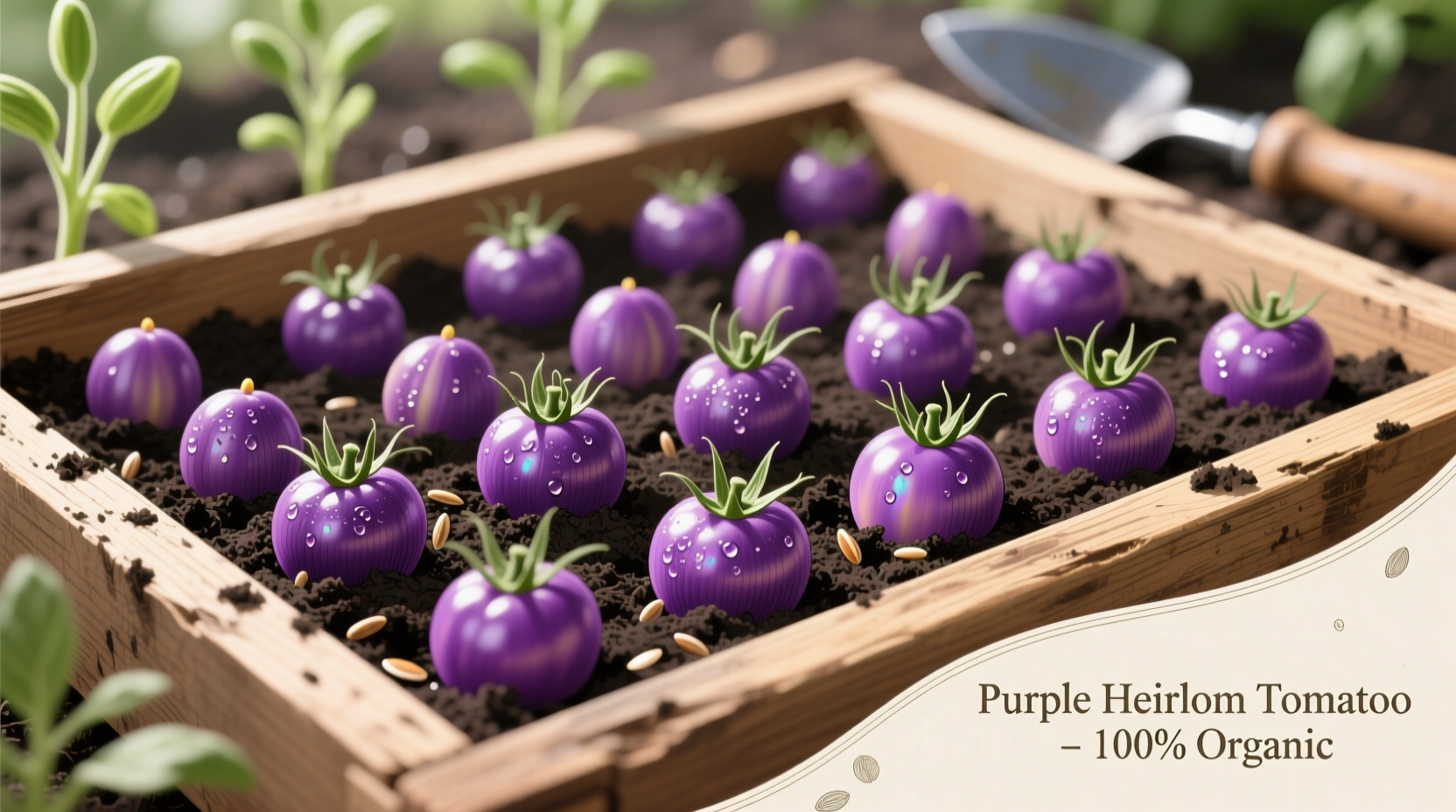 Purple tomato seeds in wooden planting tray