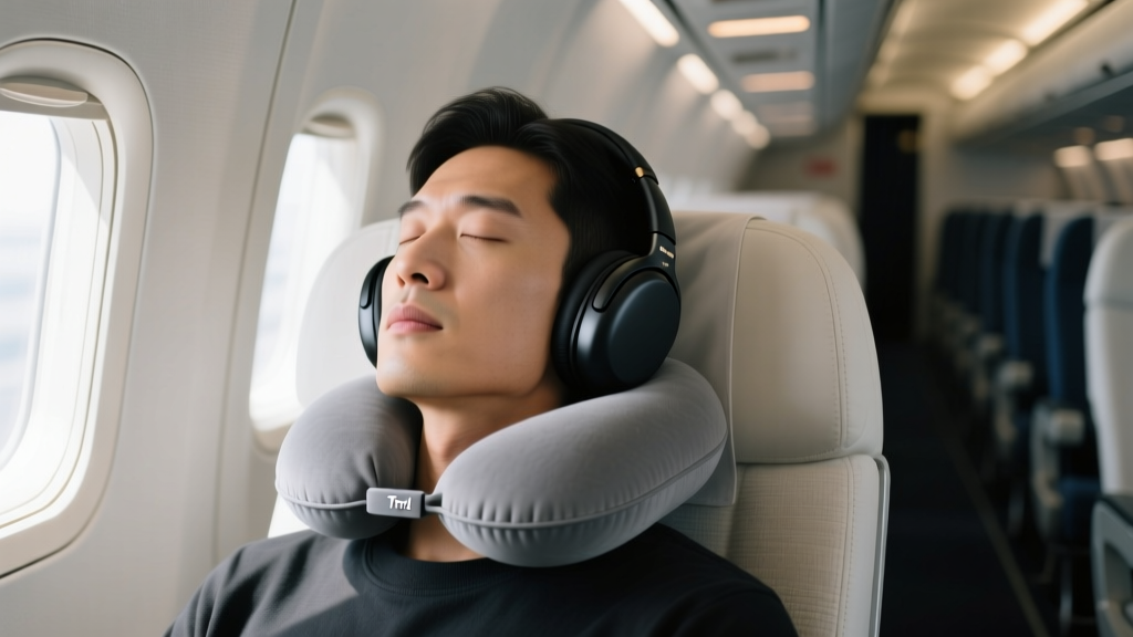 Traveler sleeping upright in an economy airplane seat wearing a grey Trtl structural neck pillow and Sony WH-1000XM5 headphones