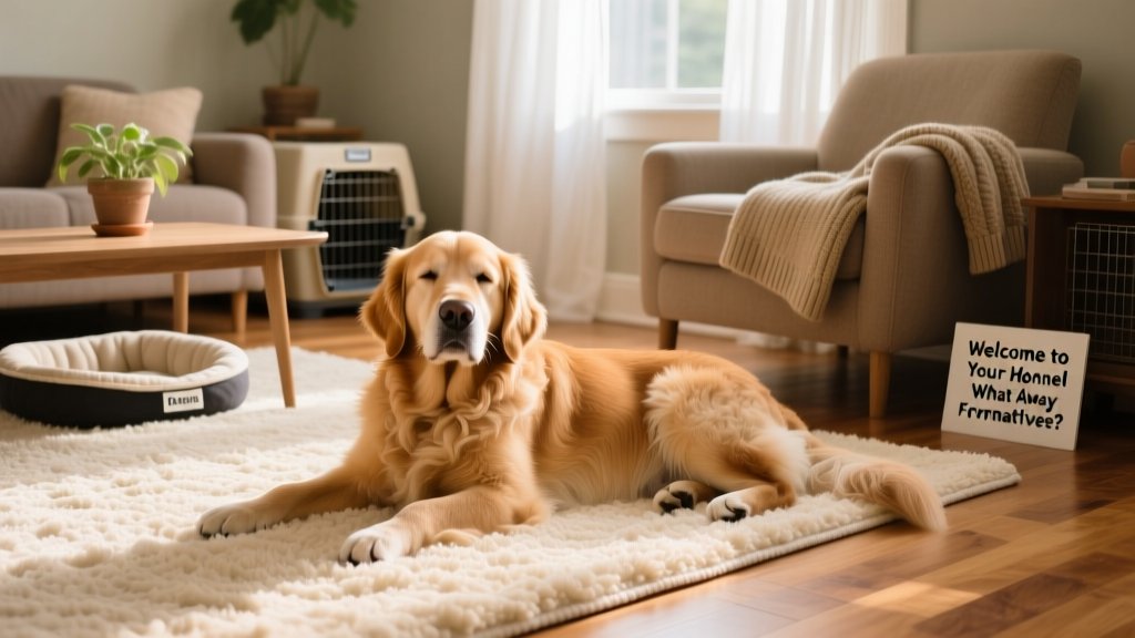 A calm, friendly dog lounging on a cozy rug in a bright, home-like living room during in-home boarding
