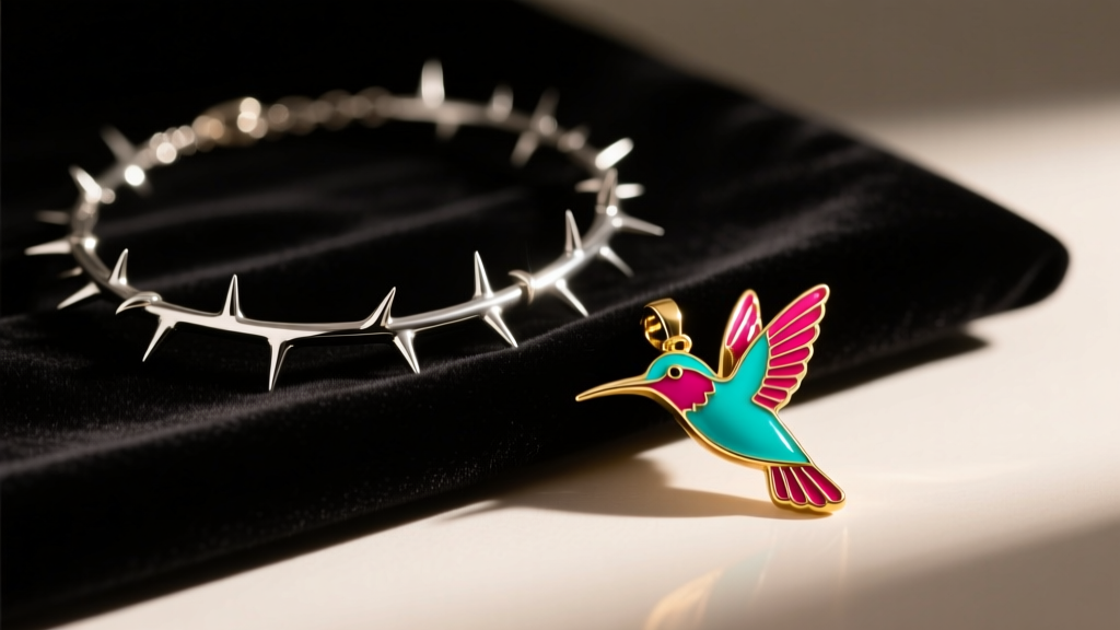 Moody still-life of a silver thorn necklace on dark velvet beside a colorful enamel hummingbird pendant, cinematic lighting.
