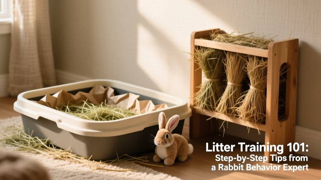 A neatly arranged rabbit-friendly setup: a spacious low-sided litter box with fresh Timothy hay, absorbent paper-based bedding, and a nearby hay rack