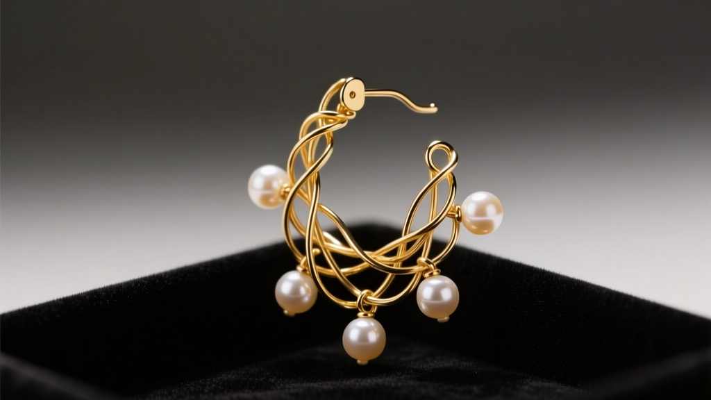 Macro shot of a tangled gold wire pearl chandelier earring resting on dark velvet under warm, focused lighting in a repair studio