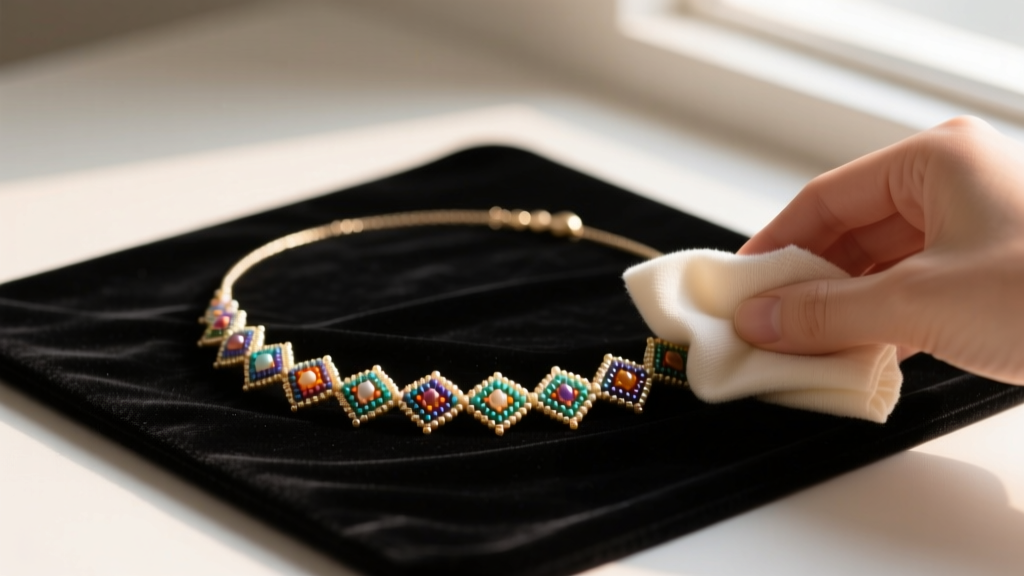 Delicate seed bead necklace gently wiped with a microfiber cloth on a dark velvet jewelry making mat under soft, warm lighting