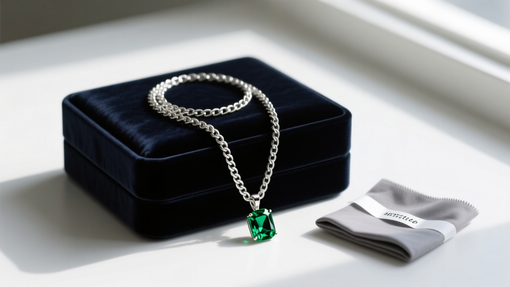 Dark velvet box holding a coiled silver chain with a green gemstone pendant beside a small anti-tarnish strip and polishing cloth