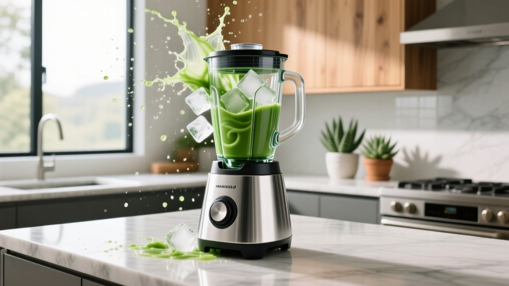 A high-performance countertop blender crushing ice and blending green smoothies in a modern kitchen setting to show motor power.