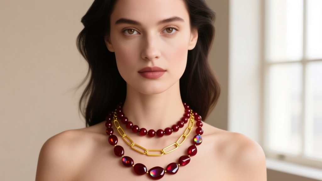 Woman wearing a layered stack with a 16-inch antique garnet bead necklace and a delicate 18k yellow gold paperclip chain.