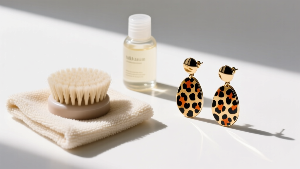Flat lay of cleaning tools like a microfiber cloth, mild soap, and soft brush beside enamel leopard print statement drop earrings.