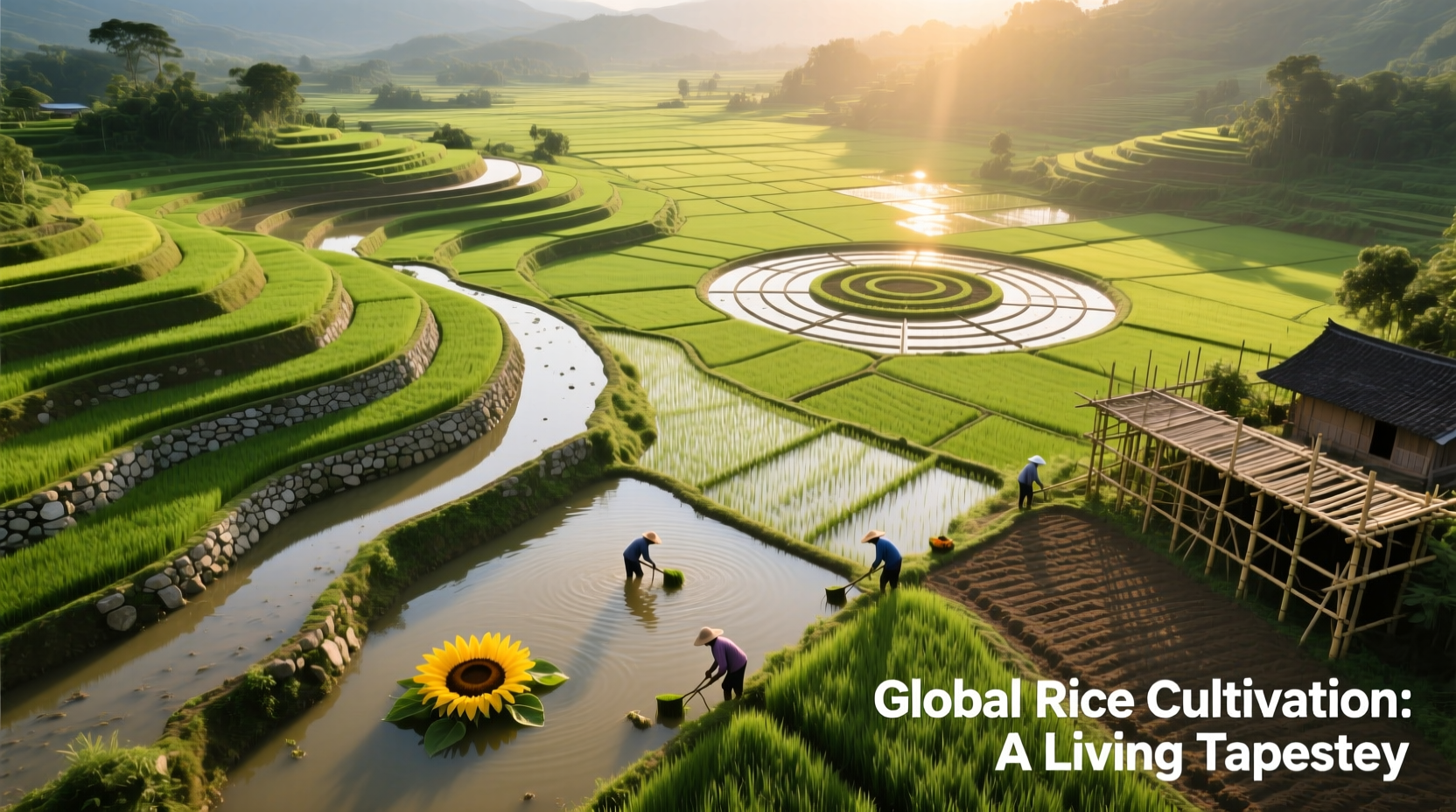 Global rice fields showing diverse cultivation methods