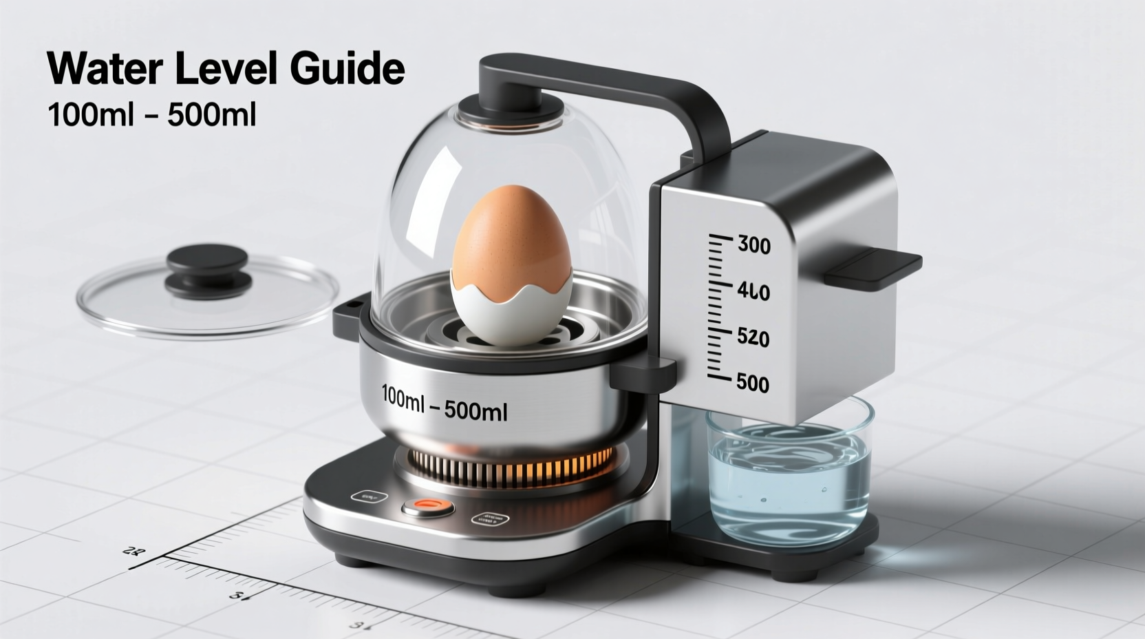 Dash egg cooker components with water measurement guide