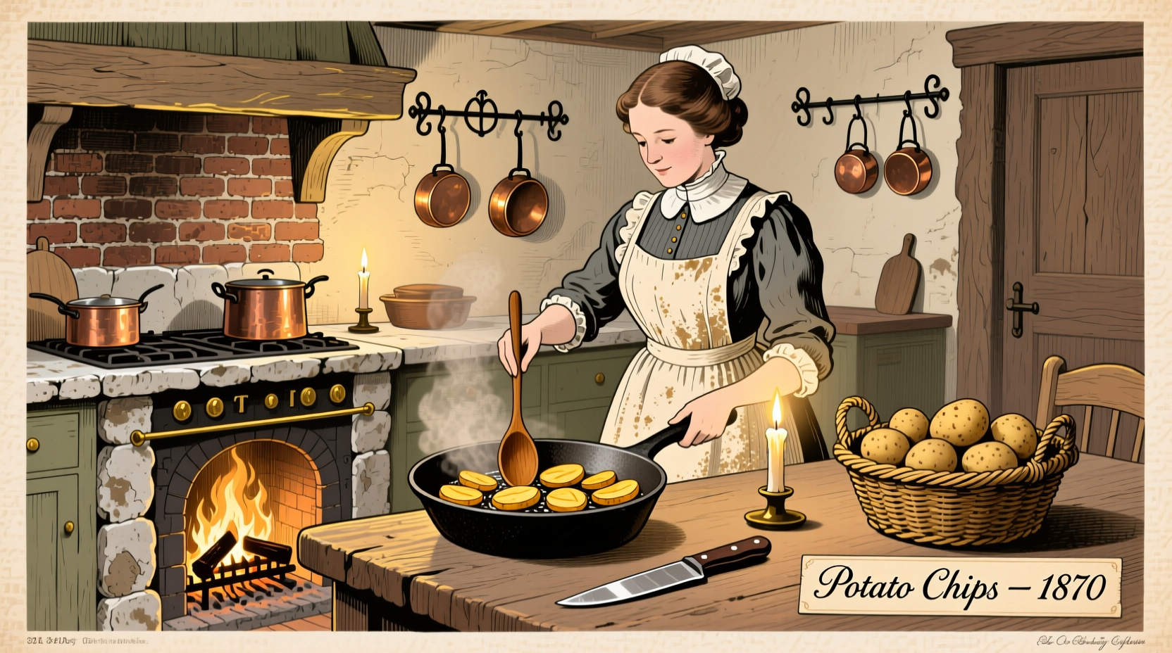 Vintage illustration of 19th century kitchen preparing potato chips