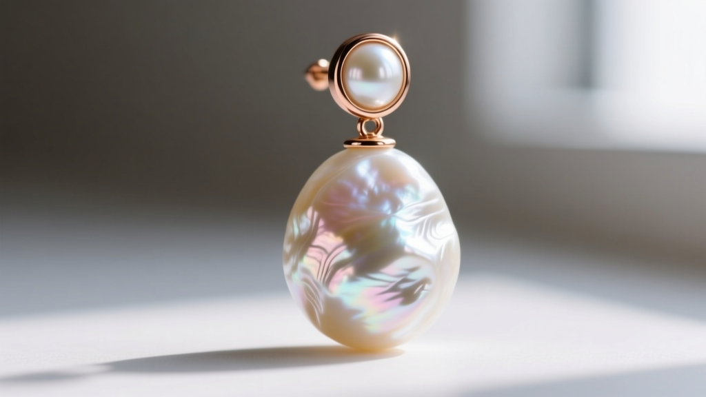 Macro shot of a baroque freshwater single pearl drop earring with a rose gold cap, showing irregular ridges and bright luster.