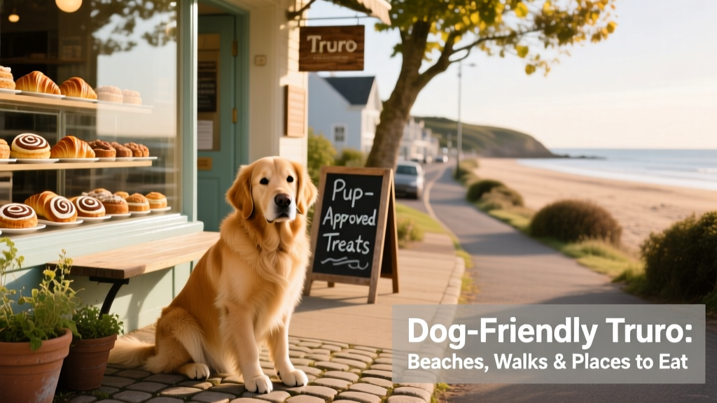 A dog sitting comfortably outside a bright, welcoming cafe in Truro, with pastries visible in the window