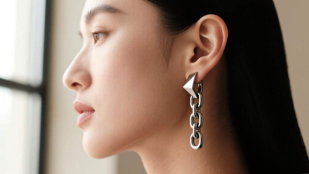 Side profile of an asymmetrical ear curation featuring a single heavy 316L stainless steel chain dangle earring on the right ear