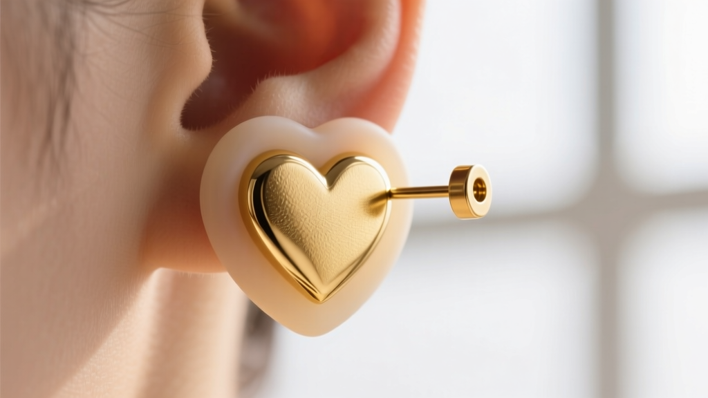 Macro photo of a gold heart earring post with a thick silicone backing, preventing heavy shapes from drooping forward on the lobe.