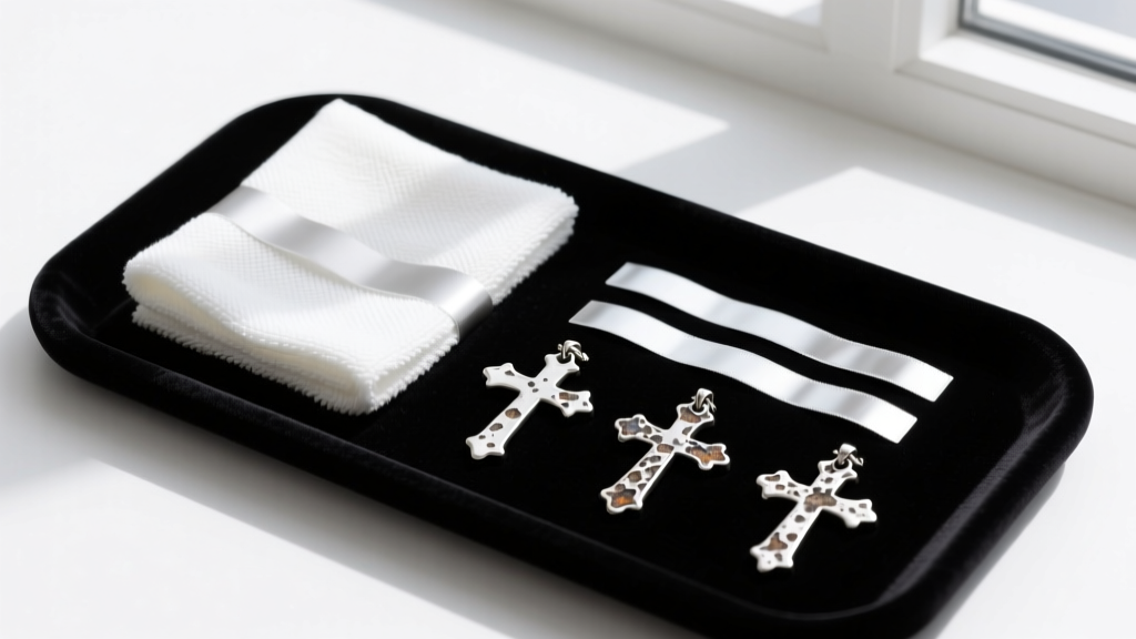 Flat lay of microfiber polishing cloth, anti-tarnish strips, and matte black velvet tray holding oxidized silver cross pendants.