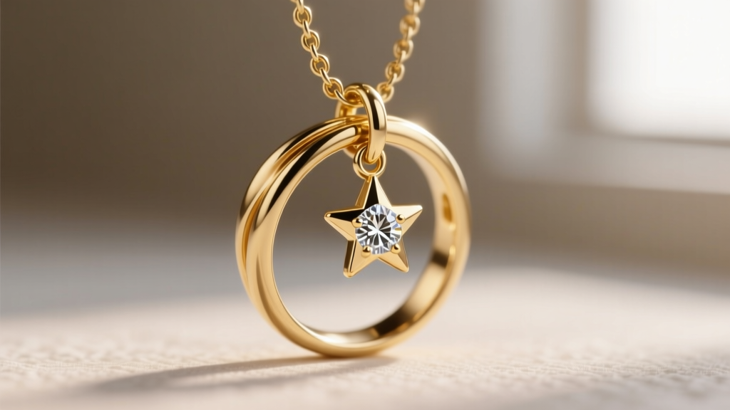 Macro shot of an 18k gold vermeil scarf ring pendant with a securely soldered jump ring holding a small diamond-cut star charm
