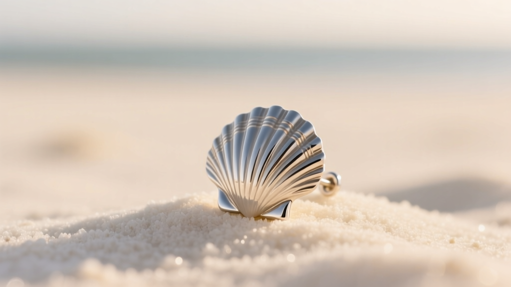 Sterling silver scallop shell earring resting on white sand under warm light, highlighting intricate cast metal ridges.