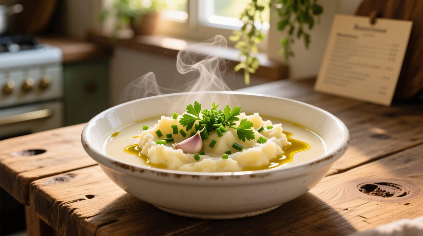 Creamy potato stew in white bowl with fresh herbs