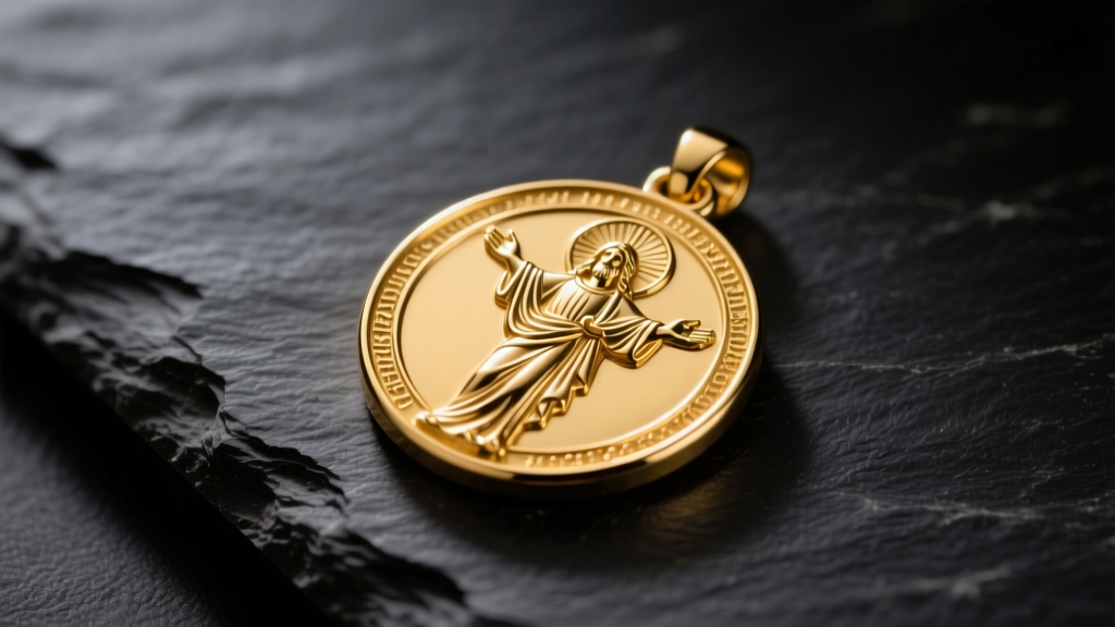 Close-up of a polished 14k yellow gold Saint Christopher medallion on dark slate, illuminated by warm directional studio lighting.