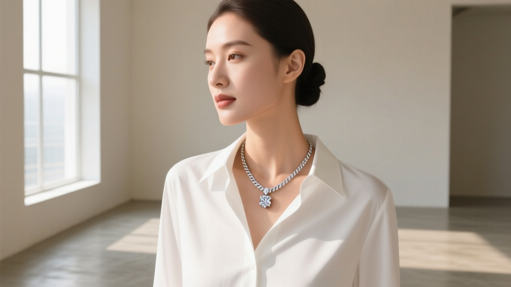 Woman wearing 14-inch cable chain with diamond pendant over white button-down shirt, bright daylight, elegant fashion portrait.