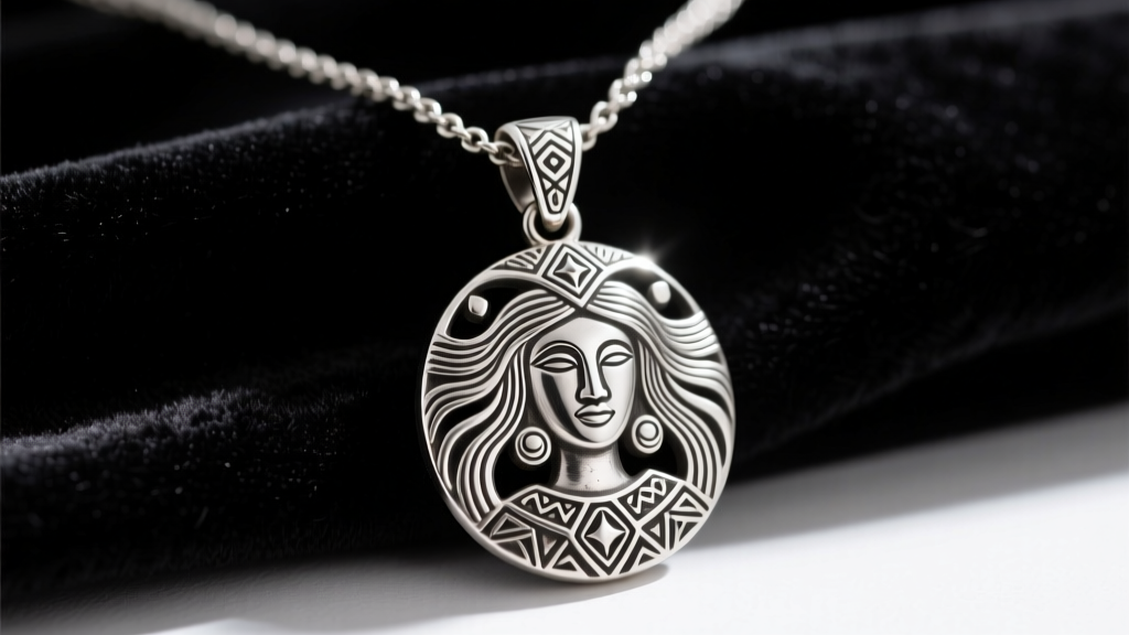 Close-up of a sterling silver Taíno necklace featuring an intricate Atabeyra mother goddess pendant resting on dark velvet cloth.