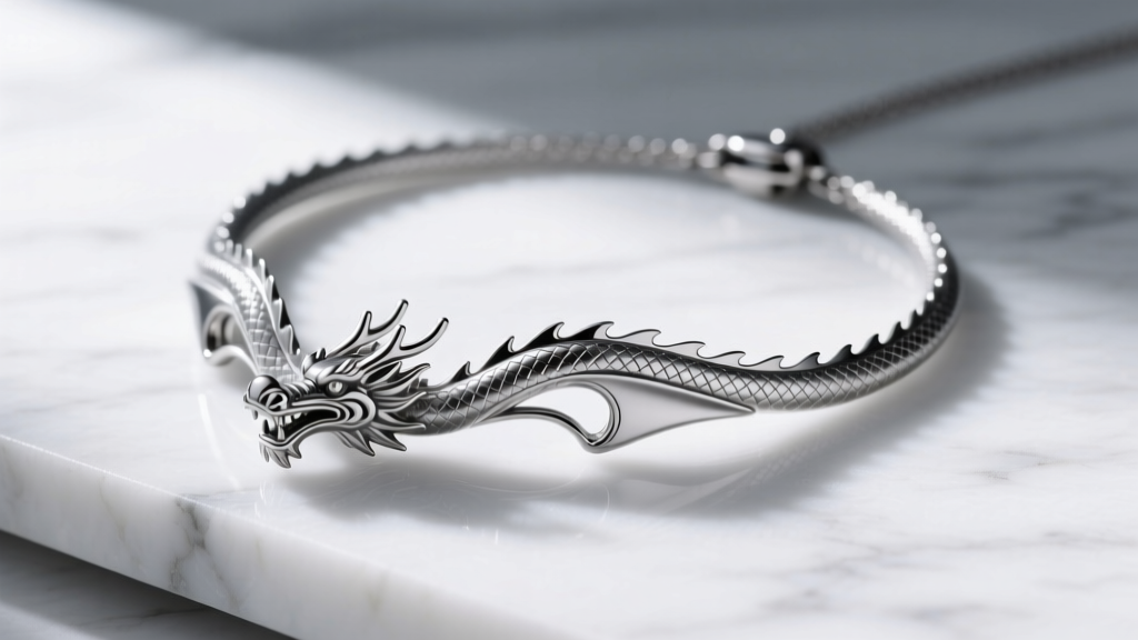Side profile of a Grade 5 titanium dragon necklace showing the lightweight bail and brushed finish on a white marble surface.