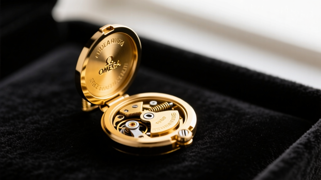 Macro photo of a vintage 18k yellow gold omega earring back mechanism fully opened, resting on dark velvet.