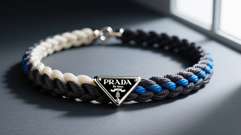 Macro shot of a Prada Re-Nylon braided necklace with a metal triangle clasp on dark slate, highlighting the woven fabric texture.