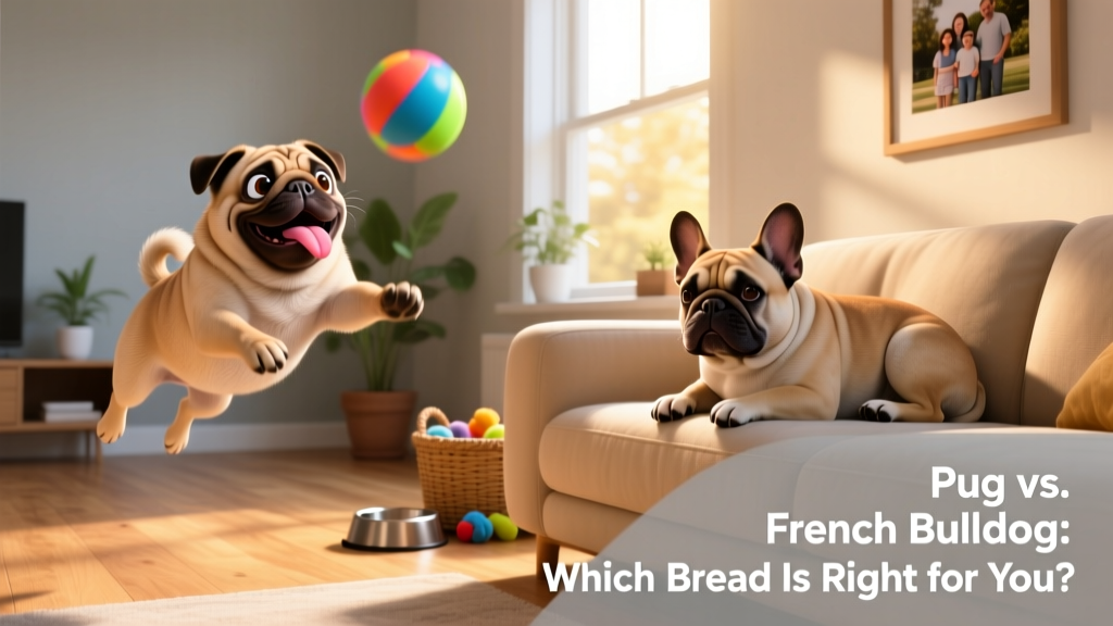 Side-by-side photos: a playful Pug mid-leap chasing a toy, and a relaxed French Bulldog snuggled on a sofa