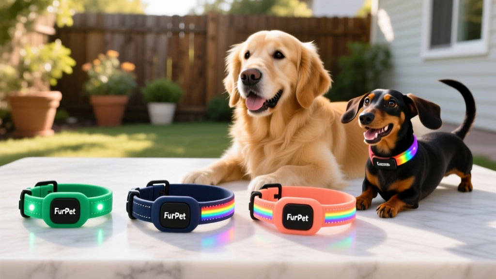 Side-by-side comparison of three FurPetVo LED collars showing different sizes, colors, and light patterns