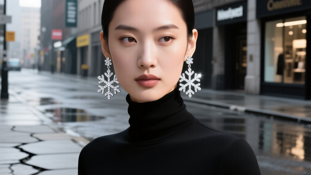 Street style portrait of woman in black turtleneck, contrasting with large sparkling silver-tone snowflake drop earrings