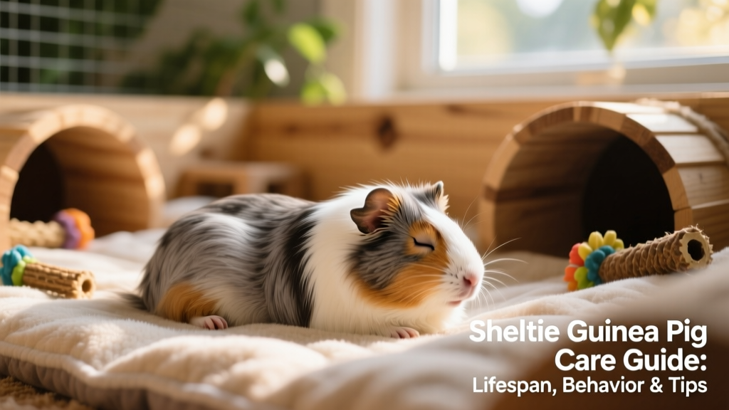 A Sheltie guinea pig resting comfortably on soft bedding inside a spacious, enriched enclosure with tunnels and chew toys