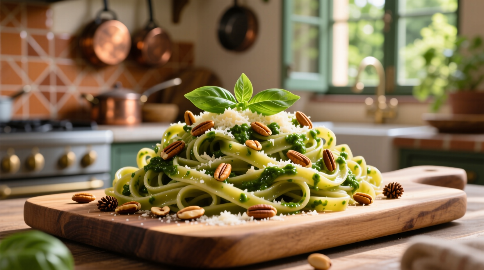 Fresh pasta tossed with pesto and pine nuts