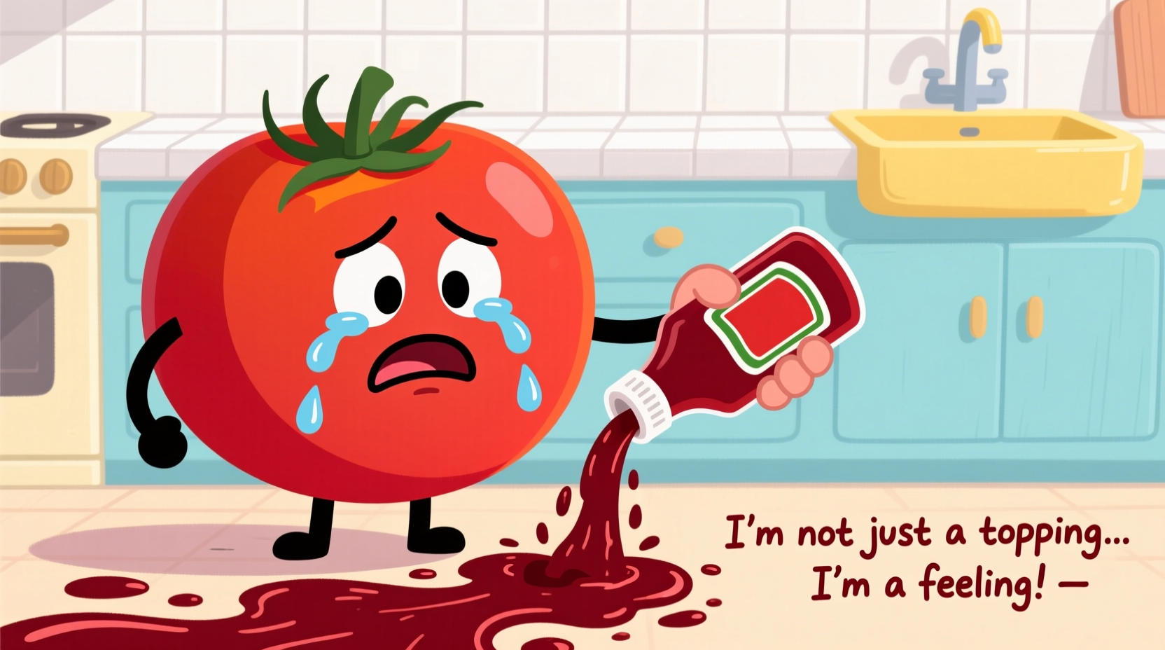Cartoon tomato crying with ketchup bottle