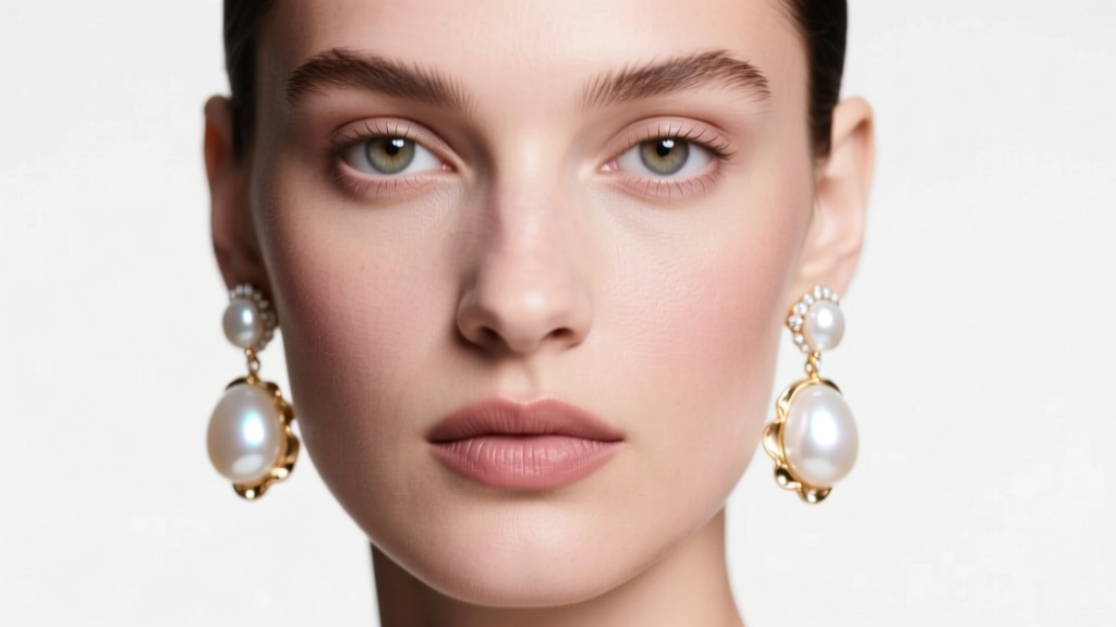 Close-up of a model wearing 16mm baroque white South Sea pearl drop earrings, soft studio lighting, high fashion editorial mood