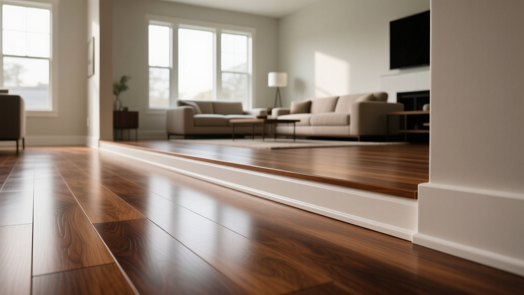 PVC quarter round molding installed against dark oak hardwood floor in a modern living room, showing a clean edge transition