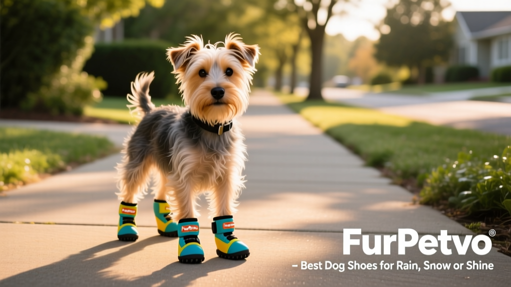 Small wiry-haired dog confidently wearing FurPetVo dog shoes on a paved path