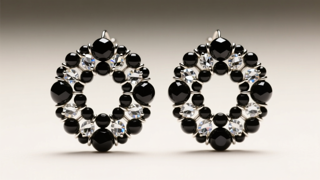 Macro shot of bead earring patterns with alternating matte onyx and faceted crystal beads on silver wire, soft studio lighting