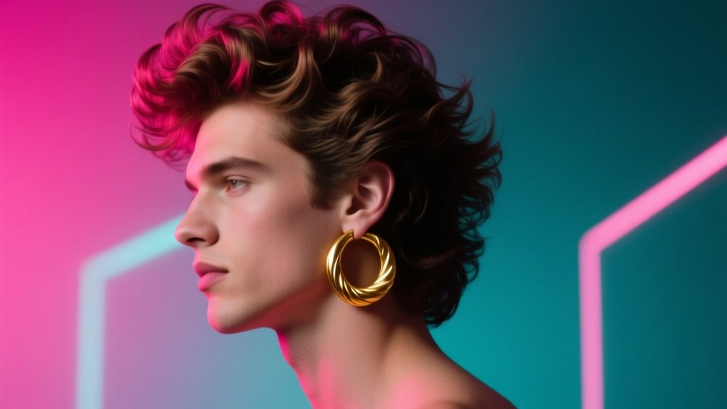 Male model with 80s feathered hair wearing a thick gold sleeper hoop earring in his left ear against a moody neon background