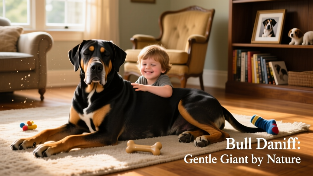 A Bull Daniff lying calmly beside a child on a living room rug, illustrating its gentle and patient nature