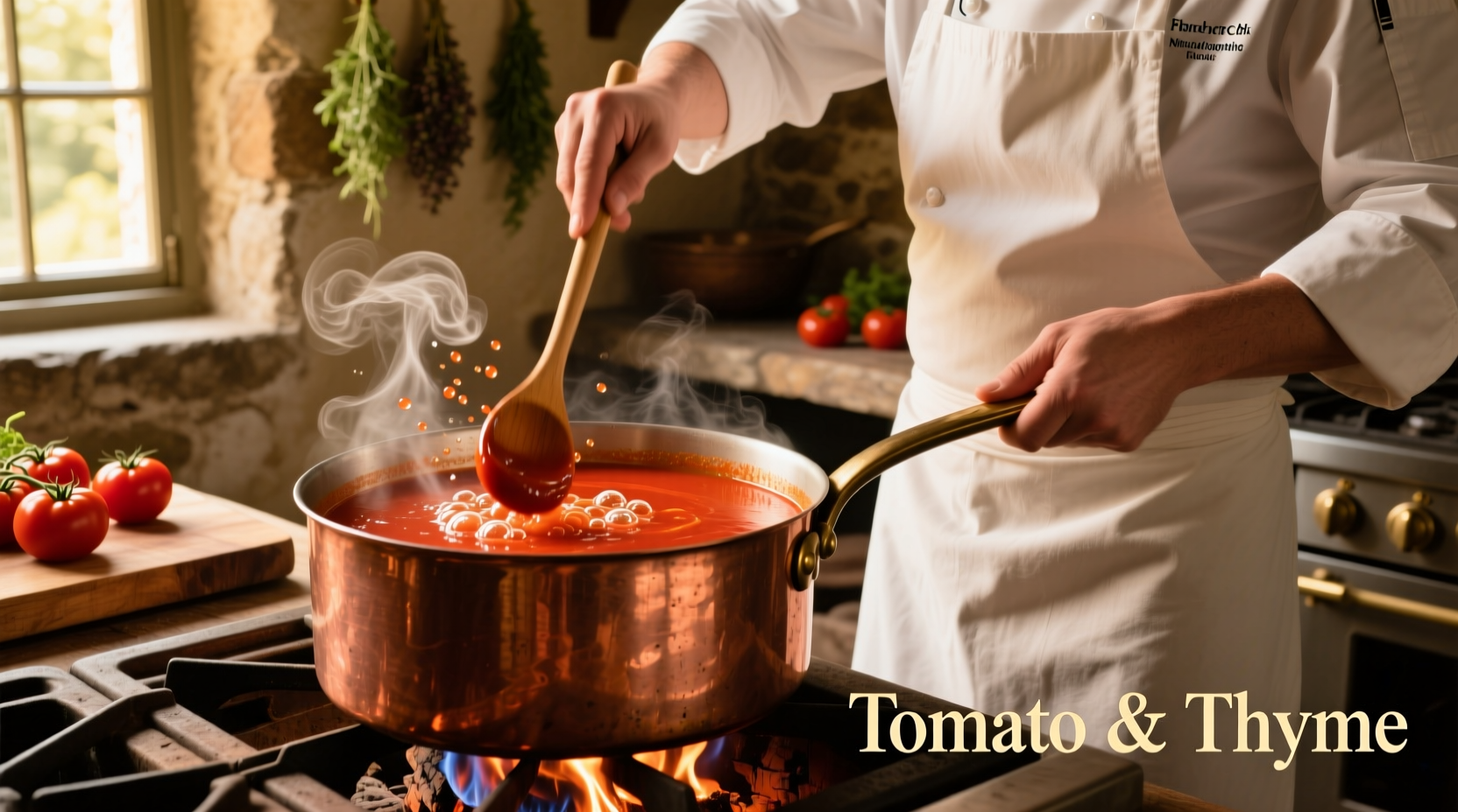 Chef stirring vibrant red tomato soup in copper pot