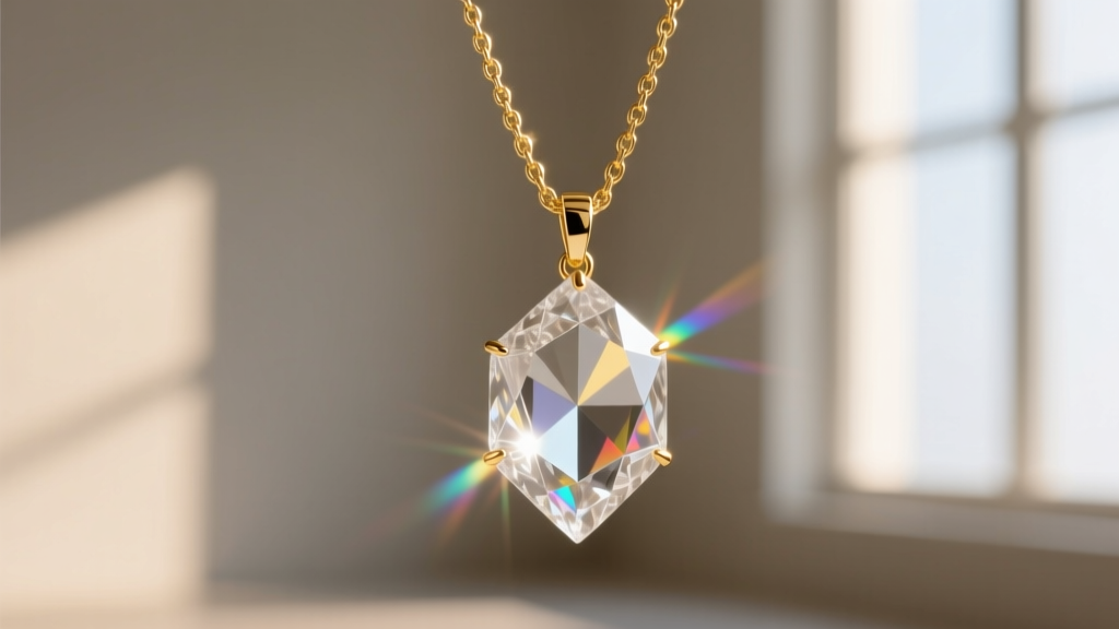 Macro shot of a faceted clear quartz crystal pendant on an 18k gold vermeil cable chain, catching bright natural sunlight indoors